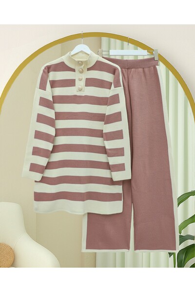 Modamorfo Half Turtleneck Buttoned Thick Striped Knitwear Set -G.Kurusu