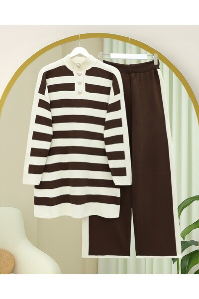 Modamorfo Half Turtleneck Buttoned Thick Striped Knitwear Set - Brown
