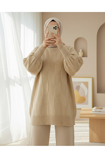 Modamorfo Round Neck Casual Patterned Knitwear Sweater - Light Mink