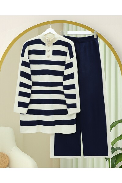 Modamorfo Half Turtleneck Buttoned Thick Striped Knitwear Set - Navy