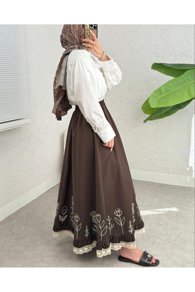 Modamorfo Lace Embroidered Elastic Waist Skirt - Brown