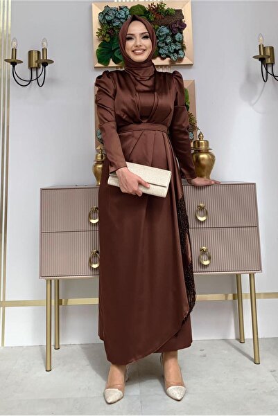 TRENDTESETTÜR WOMEN'S COFFEE BELTED TASSELED SATIN GOWN DRESS T 3673