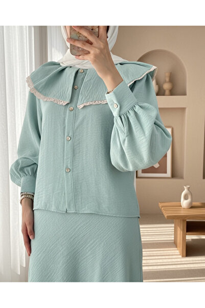 Modamorfo Lace Lettuce Collar Pure Linen Skirt Suit - Water Green