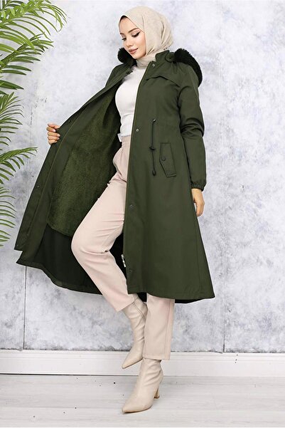 TRENDTESETTÜR Women's Khaki Hooded Fur Coat t 3501