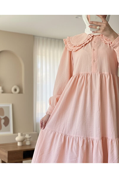 Modamorfo στρογγυλός γιακάς Φόρεμα από εισαγόμενο λινό με βολάν -Yavruağzı