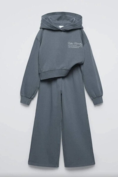 Kidmark Çocuk Modası طقم بناتي أساسي رمادي اللون مصنوع من القطن بنسبة 100%