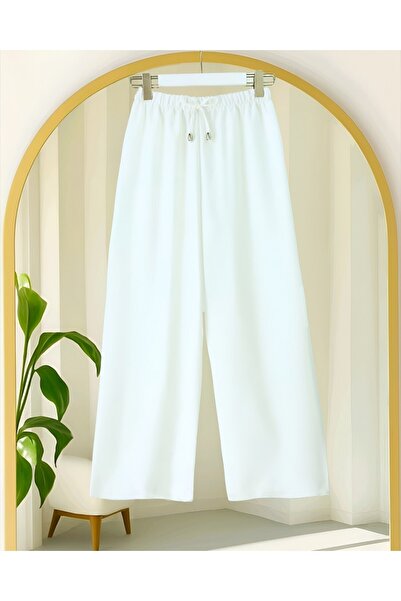 Modamorfo Elastic Waist Lace Detailed Wide Leg Sofia Linen Trousers - White