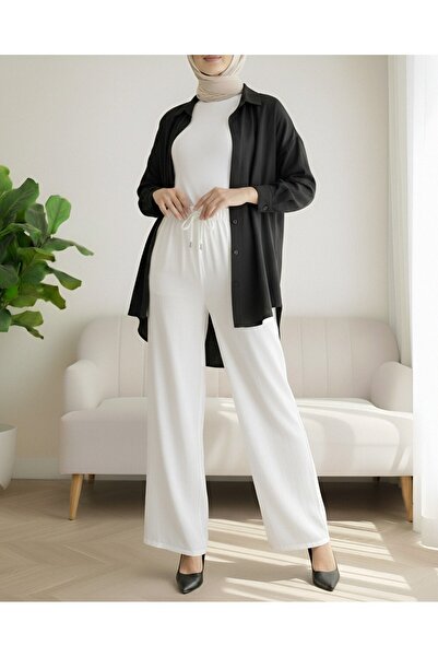 Modamorfo Elastic Waist Lace Detailed Wide Leg Sofia Linen Trousers - White