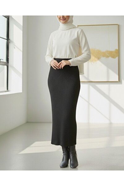 Modamorfo Elastic Waist Pleated Knit Skirt - Black