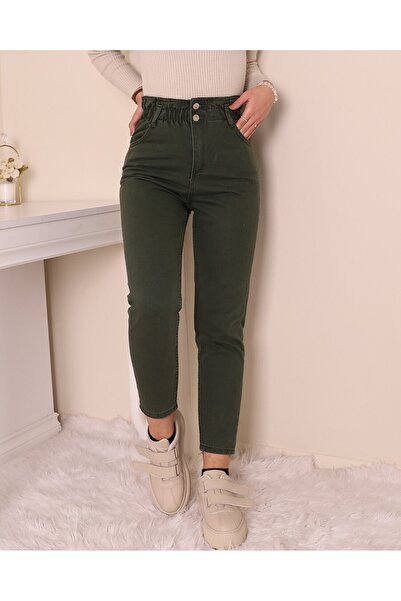 Modamorfo Khaki Jeans with High Waist and Elastic Waist