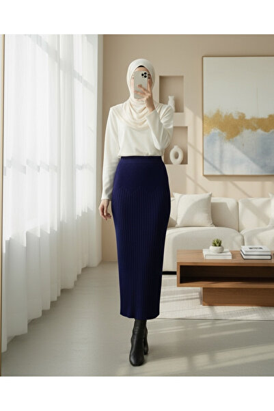 Modamorfo Elastic Waist Pleated Knit Skirt - Navy