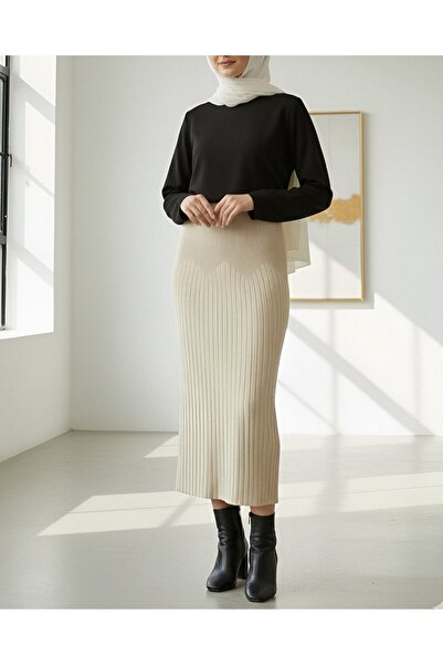 Modamorfo Elastic Waist Pleated Knit Skirt - Cream