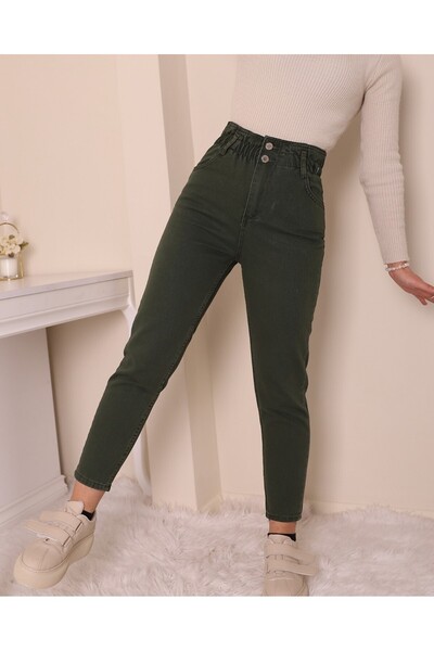 Modamorfo Khaki Jeans with High Waist and Elastic Waist