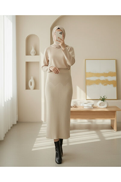Modamorfo Elastic Waist Pleated Knit Skirt - Cream