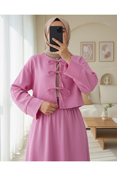 Modamorfo Linen Suit with Lace Front and Elastic Waist Skirt - Pink
