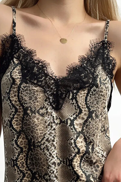 Balenbi 1070 Camel Snake Pattern Lace Detailed Strap Sandy Women's Blouse