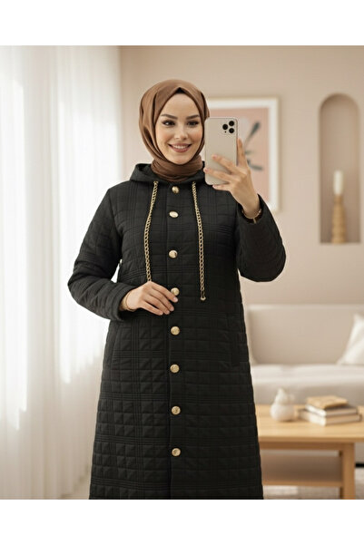 Modamorfo Hooded Buttoned Front Chain Detailed Quilted Cap -Black