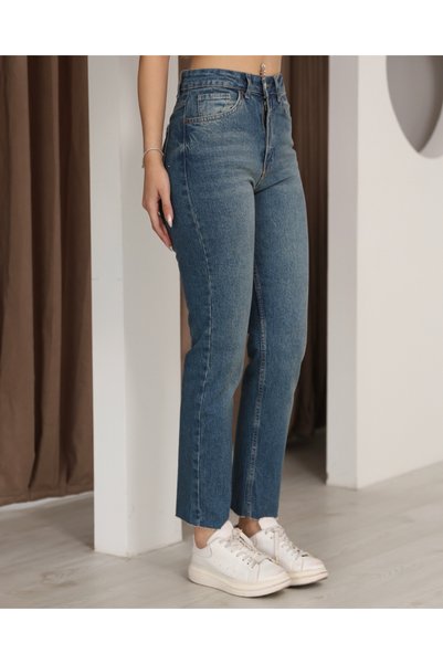 deqfashion Women's Dark Blue Tint Washed High Waist Cut-Out Leg Boyfit Jeans