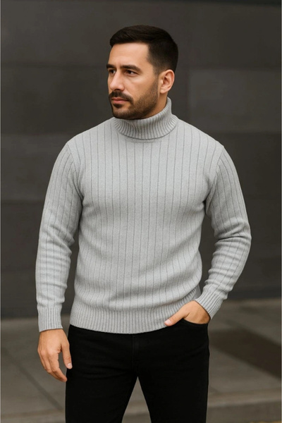 Butik Men's Corded Fabric Knitwear Sweater Set of 3, Gray Khaki Black Regular Turtleneck Full-Throated Knitwear Set Model