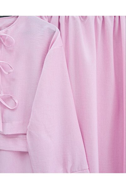 Modamorfo Linen Suit with Lace-Up Front and Elastic Waist Skirt - Powder