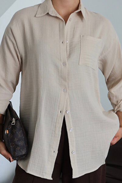 Balenbi Kadın Cepli Oversize Düz Renk Müslin Gömlek 1095