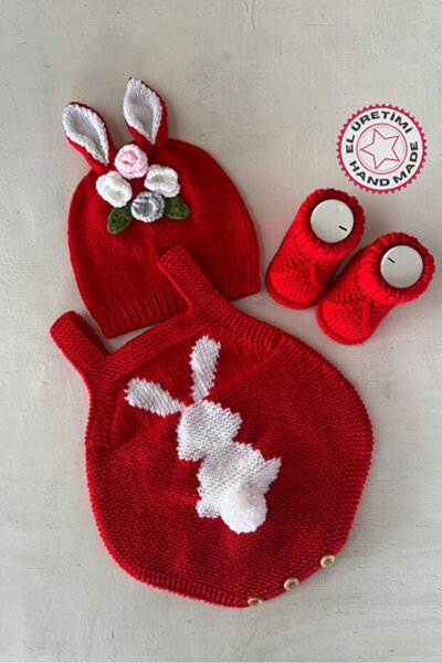 Uretti - Nur 3637 El Yapımı Tavşan Detaylı Bere - Patik - Tulum 3'lü Takım - ...