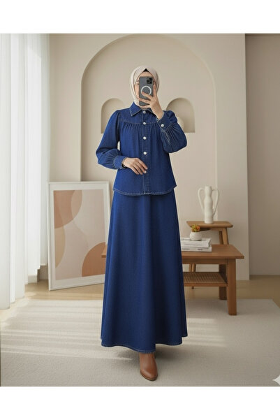 Modamorfo Τζιν κοστούμι με ζώνη μέσης και φούστα με κουμπιά μπροστά - Ναυτικό