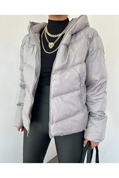 Modamorfo Zimní kabát s pevnou kapucí na zip - šedý