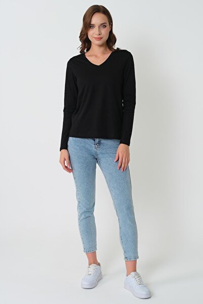 CrazyShopping Kadın Uzun Kollu V Yaka Basic Pamuklu Örme Bluz