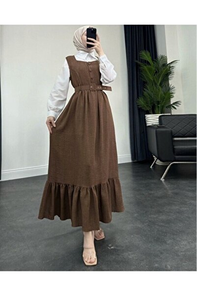 Modamorfo Φόρεμα Gilet με κουμπιά με βολάν κάτω από τη μέση με ζώνη-καφέ