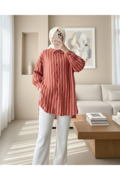 Modamorfo Brick Color Buttoned Long Striped Shirt
