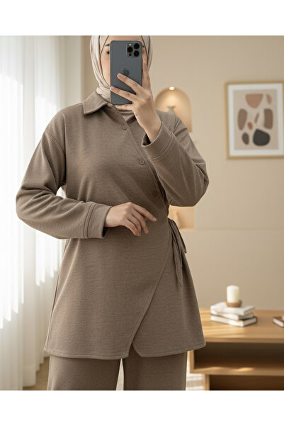 Modamorfo Cross Buttoned Side Tie Wool Effect Suit - Light Brown