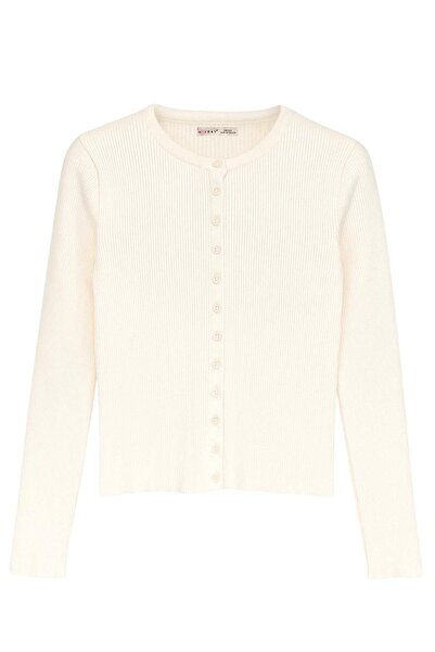 Mixray 6931 Women's Buttoned Corded Fabric Knitwear Cardigan Natural