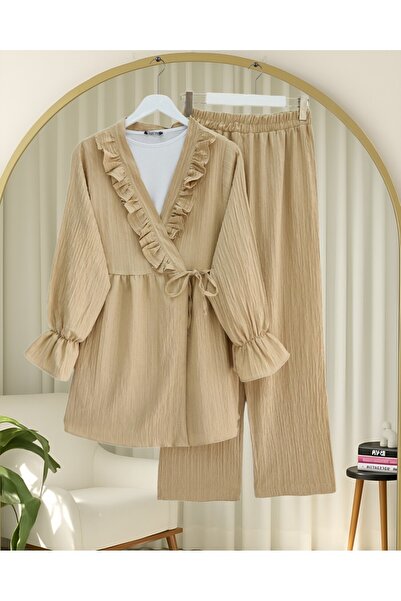 Modamorfo Lace-Up Crinkle Kimono Set with Elasticized Sleeves and Ruffles on the Front - Mink