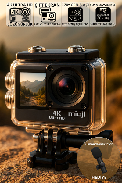 Mioji Action 12X 4K 60FPS 20MP Çift Ekran 170° Aksiyon Kamerası - Kumanda ve ...