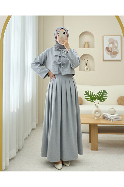 Modamorfo Lace-Up Front Skirted Cashmere Suit - Gray