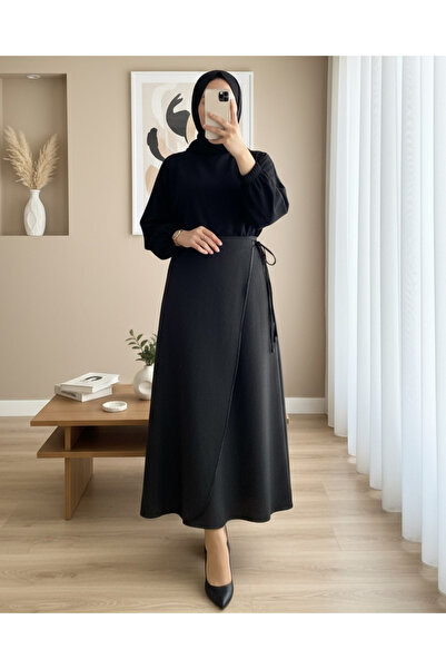 Modamorfo Beli Lastikli İnce Biyeli Kaşe Etek -Siyah