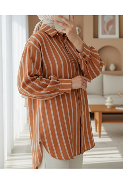 Modamorfo Boydan Düğmeli Arkası Uzun Çizgili Gömlek -Taba