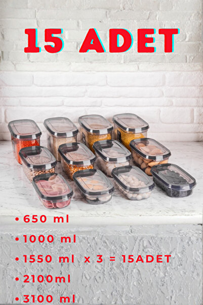 SUPERPUP 15-Piece Storage Container Set Anthracite Rectangular with Spoon Gift (650ml + 1000ml + 15500ml + 2100ml + 3100ml)X5
