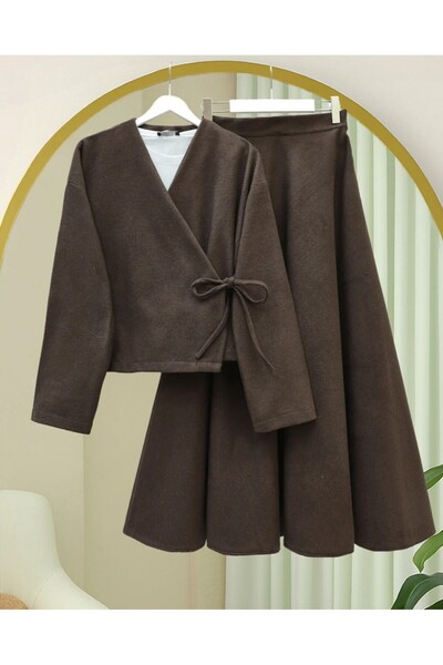 Modamorfo Cashmere Kimono Set with Tie-Front Skirt - Brown