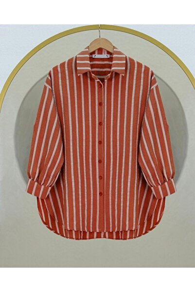 Modamorfo Brick Color Buttoned Long Striped Shirt