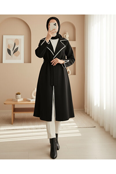 Modamorfo Shepherd's Stitch Waist-Tied Cashmere Coat - Black