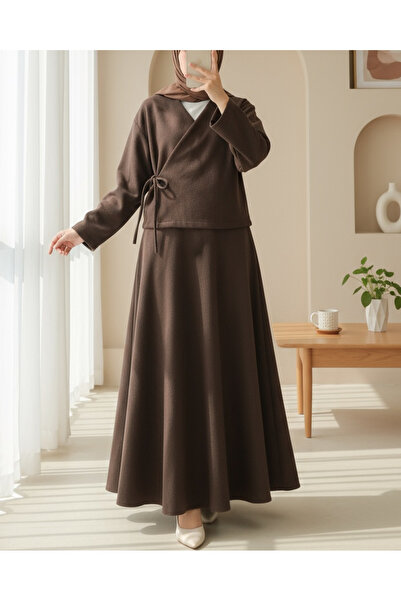 Modamorfo Cashmere Kimono Set with Tie-Front Skirt - Brown