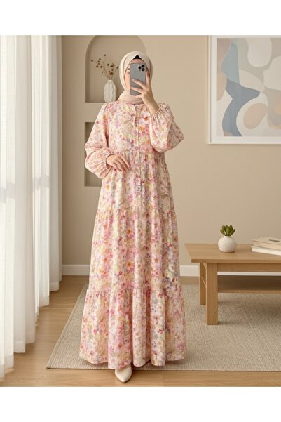 Modamorfo Φόρεμα με λουλουδάτο σχέδιο με μισό κουμπί - Πούδρα