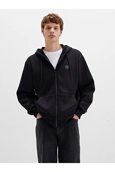 Mavi 066979 Seal Logo Embroidered Jacket Hooded Zipper Men's Sweatshirt Black