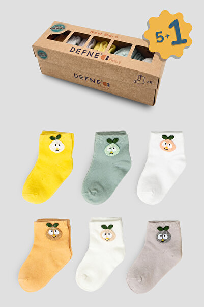 Defne Baby 5+1 Pairs Boxed Cotton Girl Newborn and Baby Socks with Pear Acces...