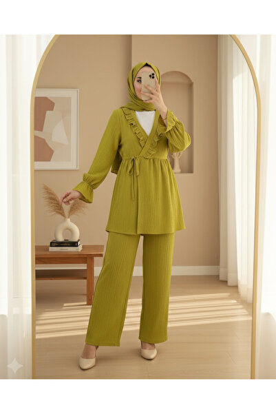 Modamorfo Elastic Sleeve, Ruffled Front, Lace-Up Crinkle Kimono Set - Fat Green