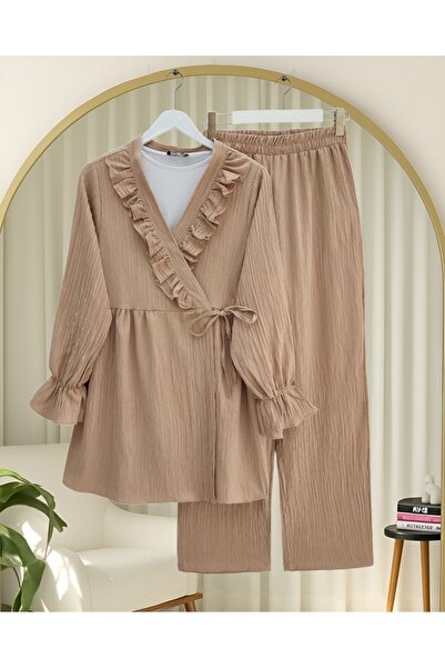 Modamorfo Elastic Sleeve, Ruffled Front, Lace-Up Crinkle Kimono Set - Salmon