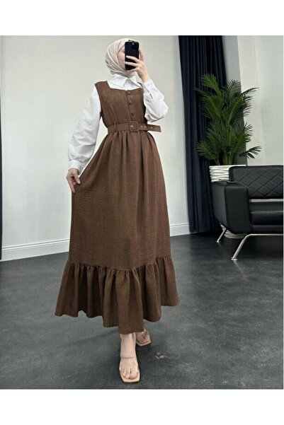 Modamorfo Φόρεμα Gilet με κουμπιά με βολάν κάτω από τη μέση με ζώνη-καφέ