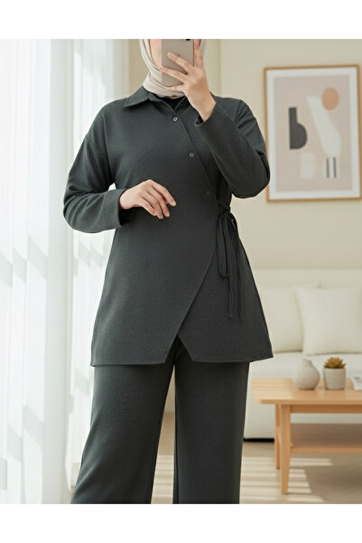 Modamorfo Cross Buttoned Side Tie Wool Effect Suit - Anthracite